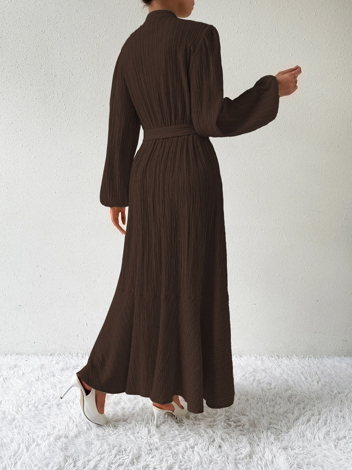 Women's Maxi Dress - Pleated Texture - Long Sleeve High Neck - Waist Tie Elegant Fit