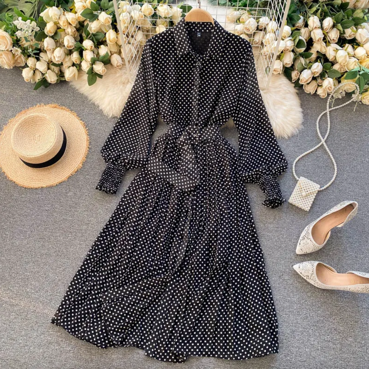 Women's Long Dress - Polka Dot Pattern - Belted Waist - Button-Up - Layered Skirt