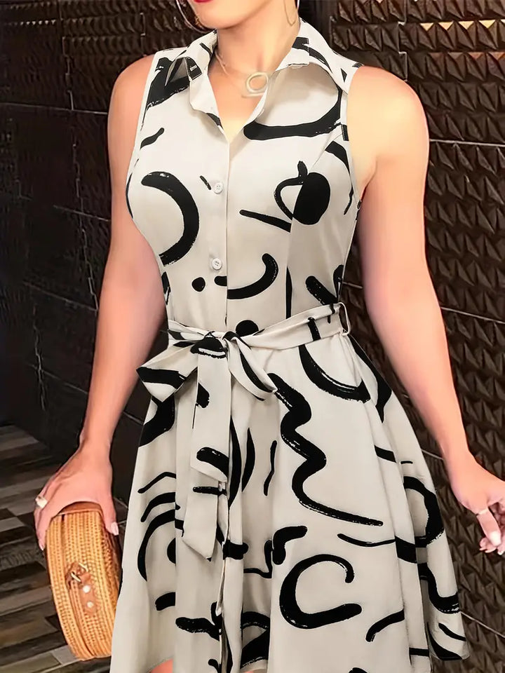 Women's Shirt Dress - Sleeveless Button-Down - Collared Neckline - Belted Waist