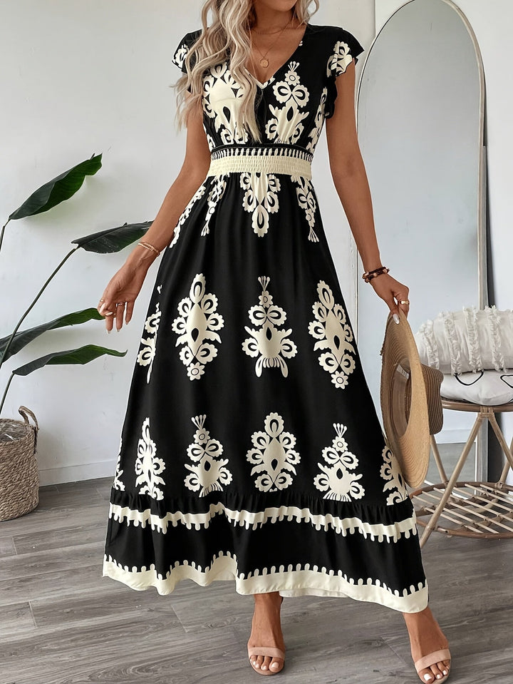 Women's Maxi Dress - V-Neck - Cap Sleeve - Smocked Waist - Flowing Elegant Fit