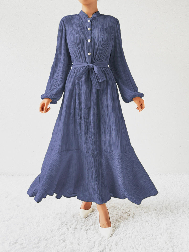 Women's Maxi Dress - Pleated Texture - Long Sleeve High Neck - Waist Tie Elegant Fit