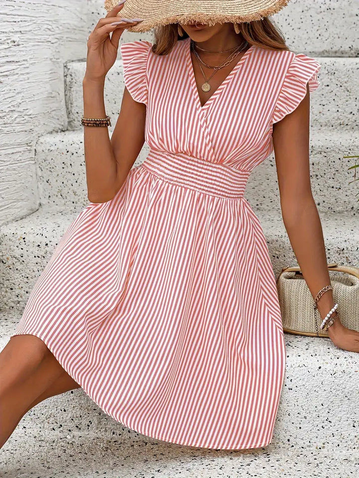 Women's A-Line Dress - Striped Pattern - V-Neck - Ruffled Cap Sleeves - Fitted Waist
