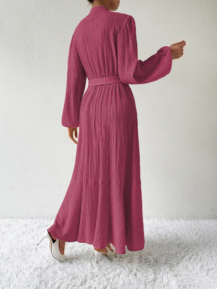 Women's Maxi Dress - Pleated Texture - Long Sleeve High Neck - Waist Tie Elegant Fit