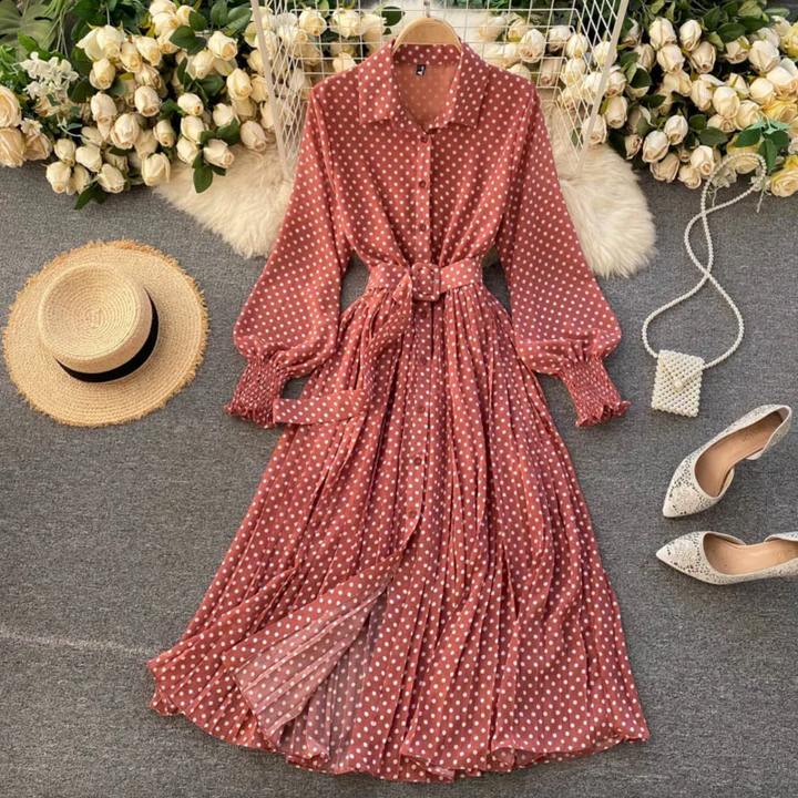Women's Long Dress - Polka Dot Pattern - Belted Waist - Button-Up - Layered Skirt