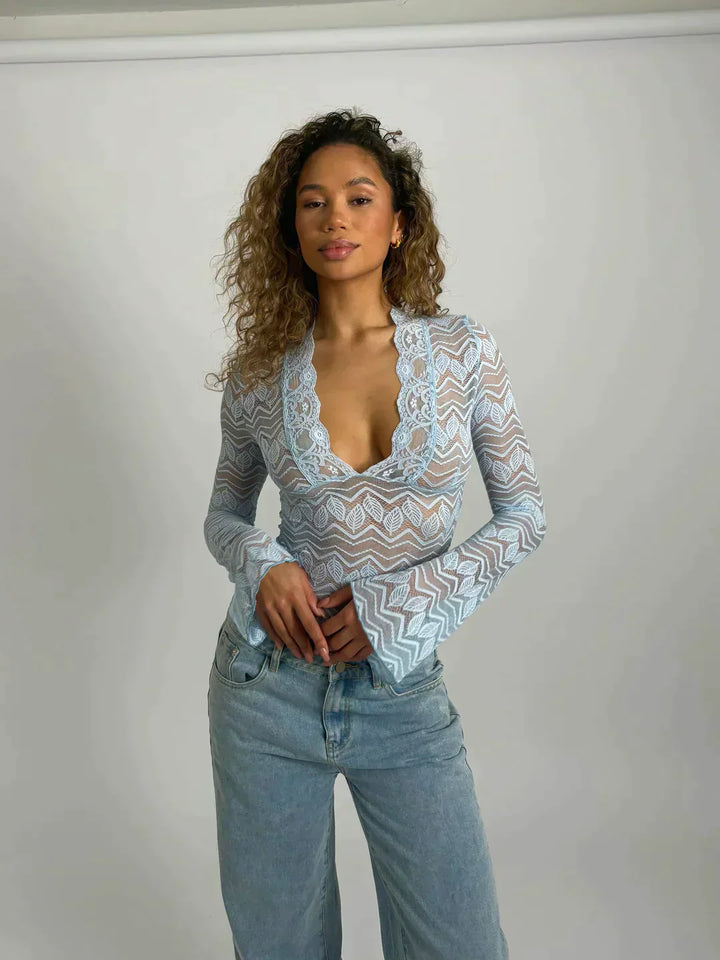 Women's Lace Top - Floral Pattern - Deep V-Neck - Long Sleeve Elegant Fit