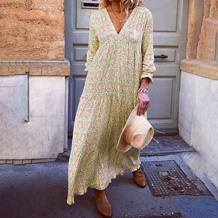 Women’s Maxi Dress - Relaxed Fit - V-Neck Long Sleeve - Soft Breathable Fabric - Geometric Print