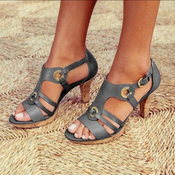 Women’s Sandals – Open Toe Block Heel – Cork Sole – Modern Multi-Strap with Grommets