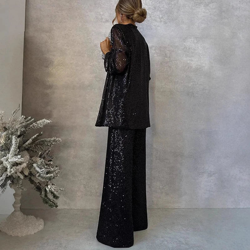 Women’s Two-Piece Set – Sequin Jacket – High-Waisted Wide-Leg Pants – Elegant Fit