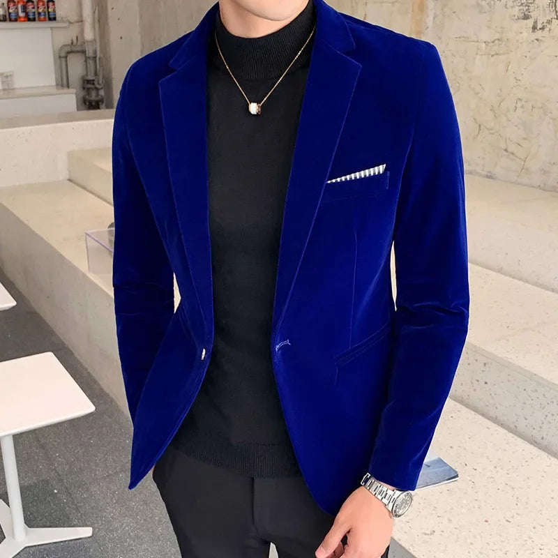 Men’s Blazer – Slim Fit – Velvet Finish – Single Button – Structured Formal Style