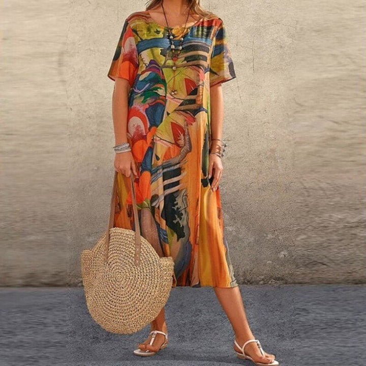 Women’s Midi Dress – Relaxed Fit – Short Sleeve – Breathable Blend – Abstract Print