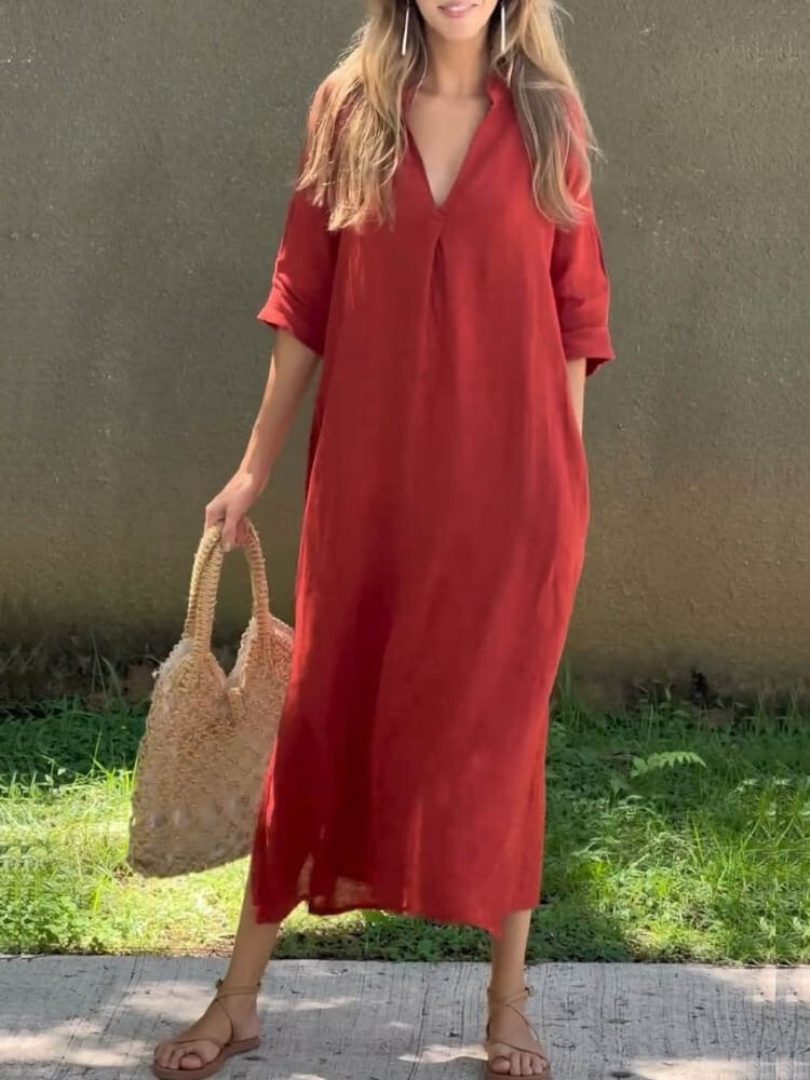 Women’s Maxi Dress - Relaxed Fit - V-Neck - Three-Quarter Sleeve - Breathable Blend