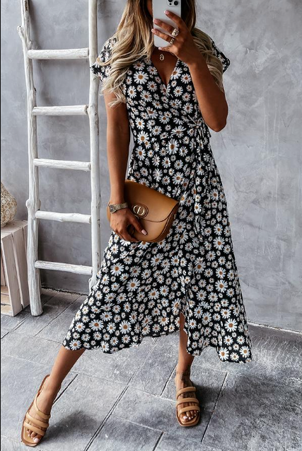Women’s Midi Dress – A-Line Silhouette – Relaxed Fit – Short Sleeve – Breathable Blend