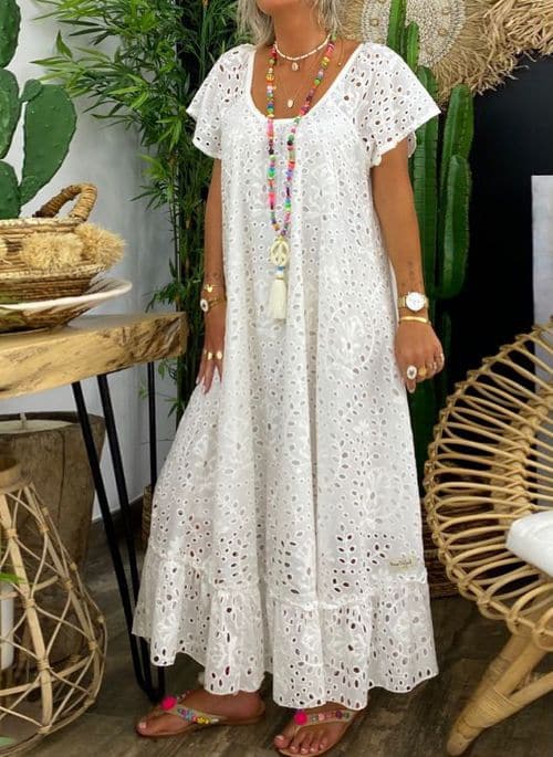 Women’s Maxi Dress – Natural Fibers – Relaxed Fit – Eyelet Embroidery – Flowy Silhouette