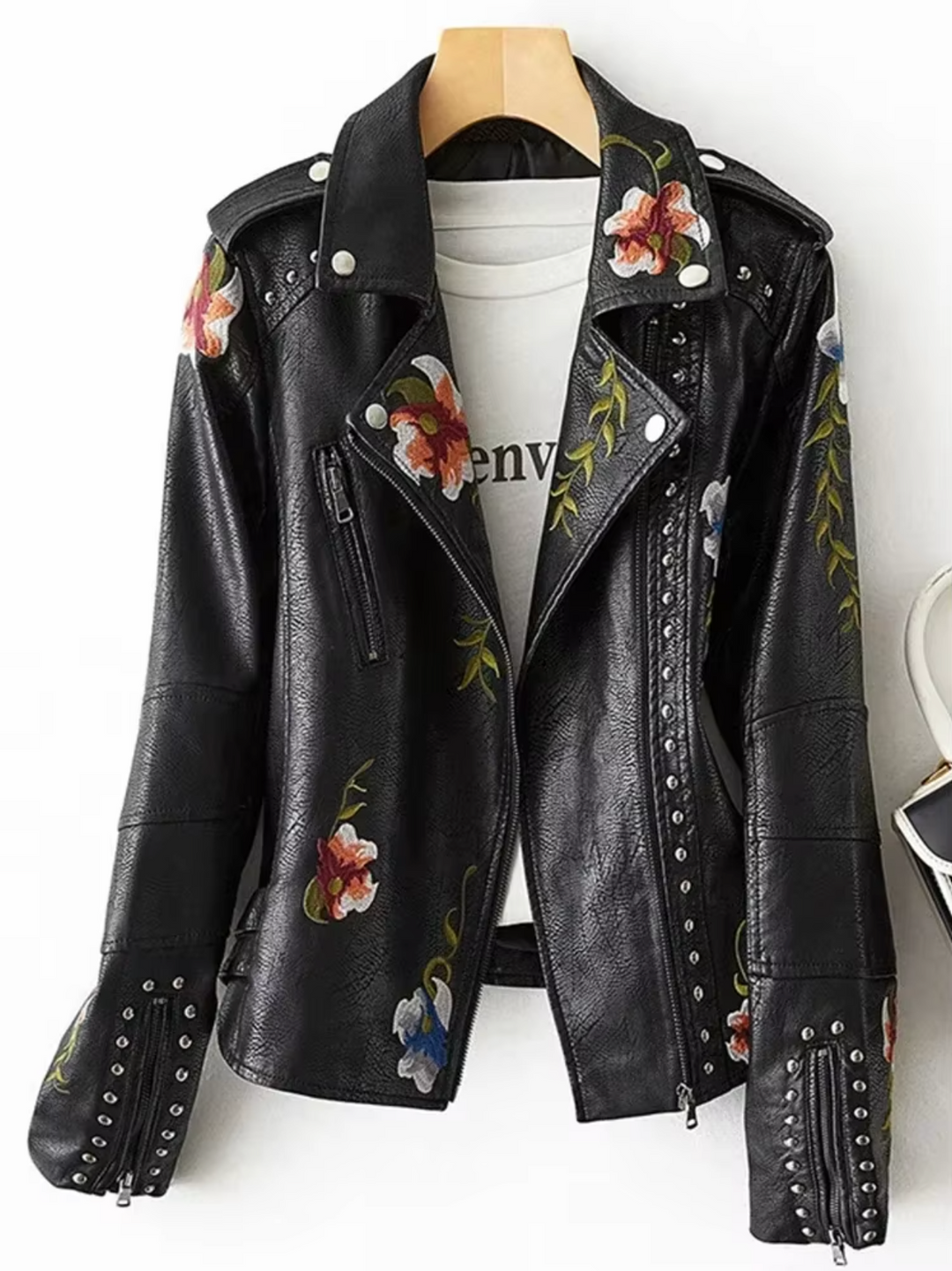 Women’s Biker Jacket – Tailored Fit – Embroidered Floral – Studded Detailing – Cropped Style