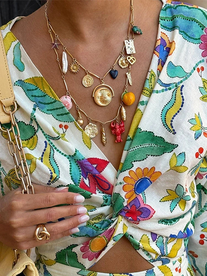 Women's Maxi Dress - V-Neck Twist Front - Long Puff Sleeves - Floral Bohemian Style