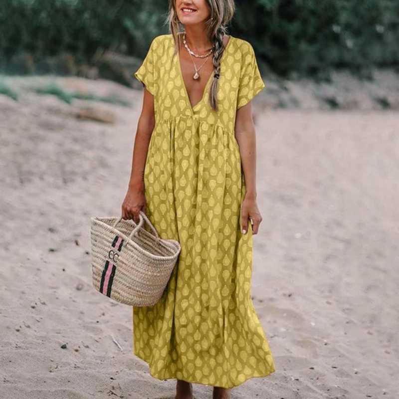 Women’s Maxi Dress - Natural Fibers - Relaxed Fit - V-Neck - Short Sleeve Flowing Silhouette