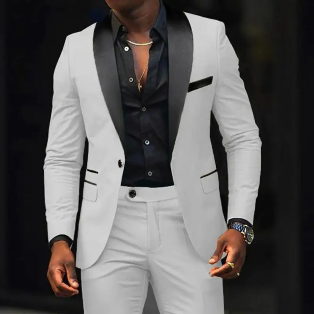 Men’s Slim Fit Suit – Tailored Two-Piece Set – Satin Shawl Lapel – Formal Wool Blend