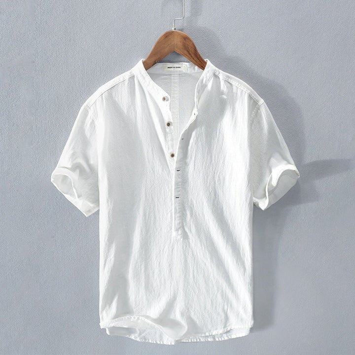 Men’s Short Sleeve Shirt – Relaxed Fit – Mandarin Collar – Natural Fibers – Casual Style
