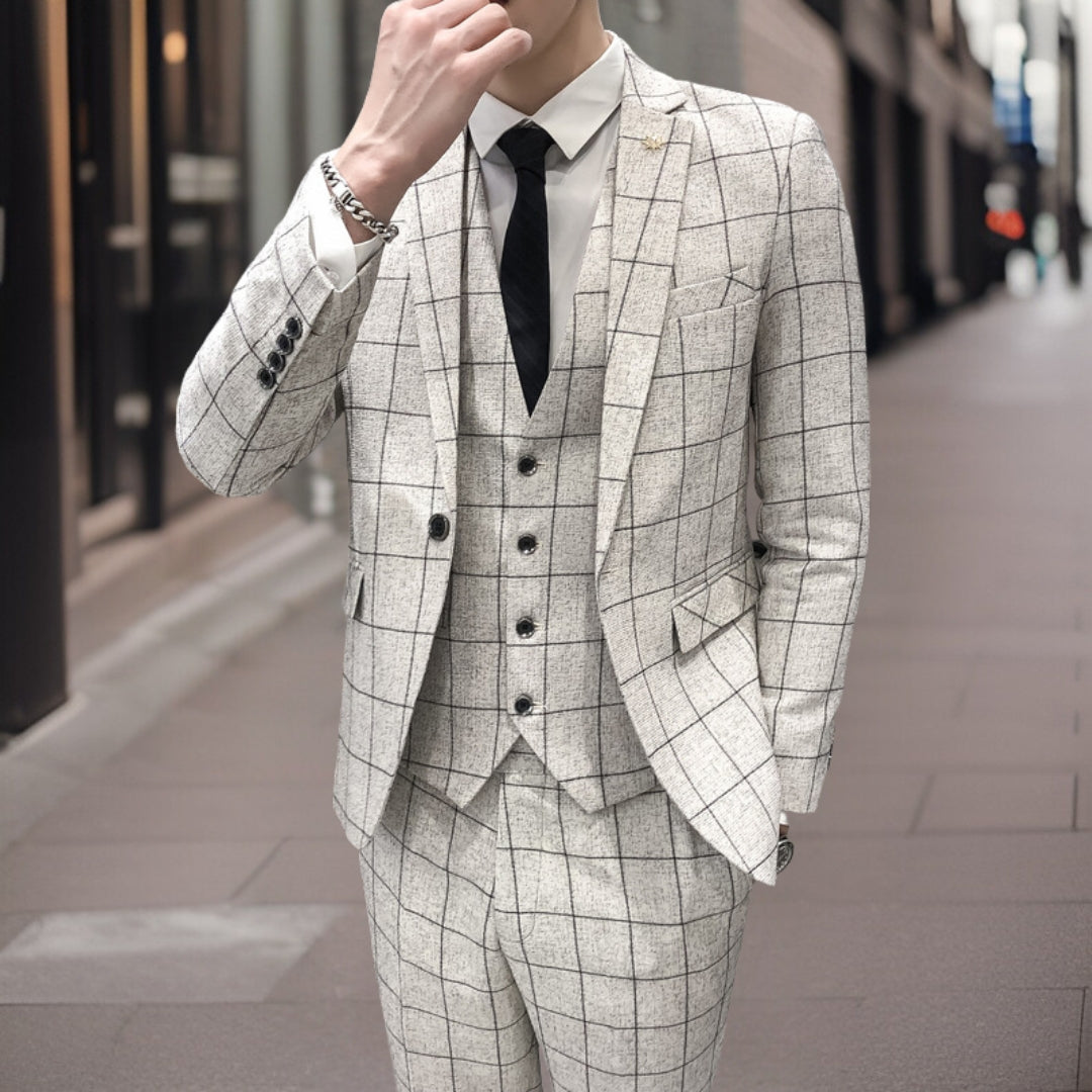 Men’s 3-Piece Suit – Slim Fit – Grid Pattern – Tailored Wool Blend – Formal Wear