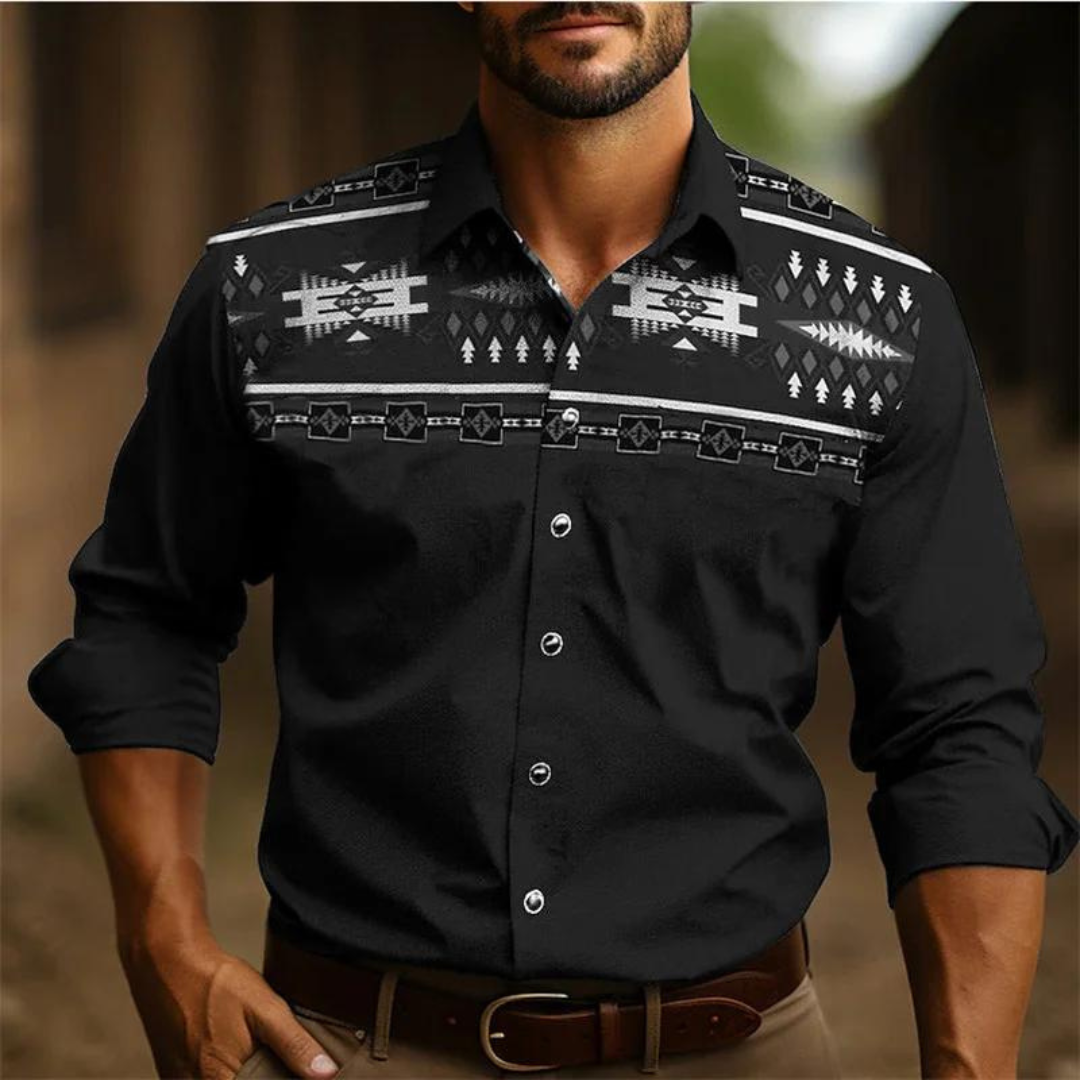 Men’s Button-Down Shirt – Tailored Fit – Long Sleeve – Retro Geometric Design – Breathable Fabric