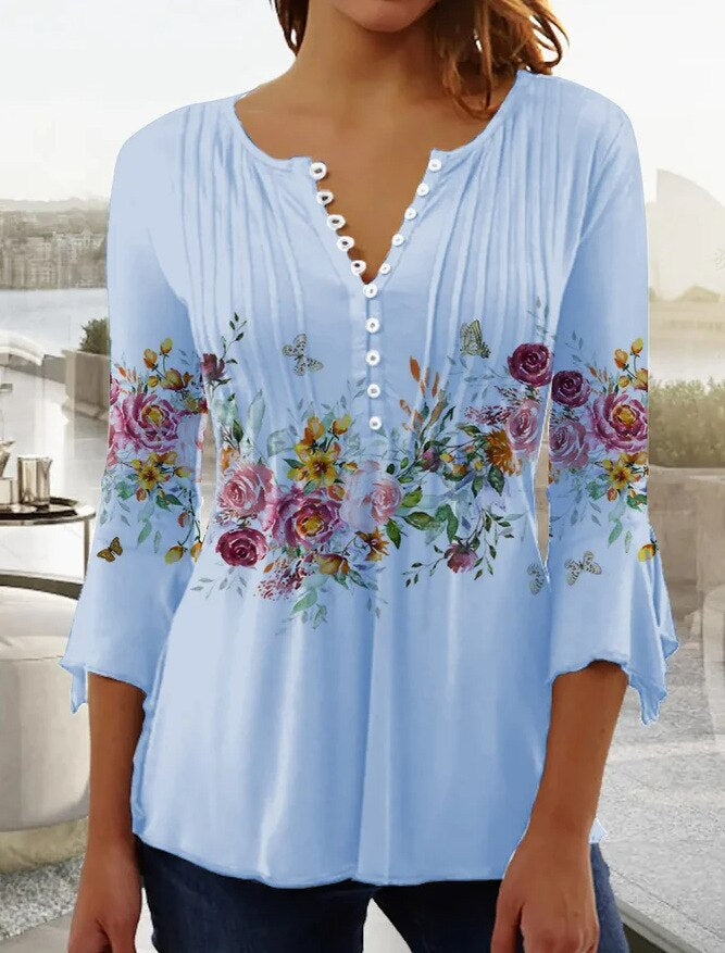 Women’s Top – Relaxed Fit – V-Neck with Buttons – 3/4 Sleeve – Breathable Blend