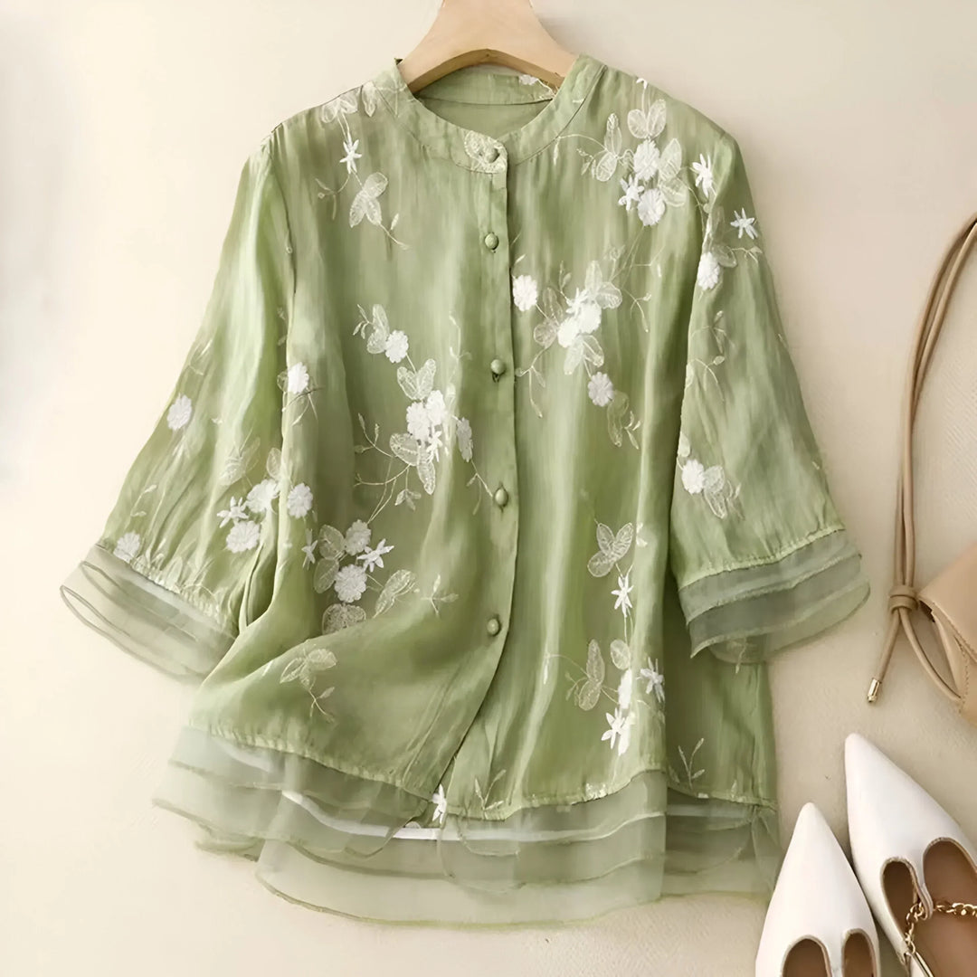 Women’s Blouse – Relaxed Fit – Embroidered Detail – Button-Down – 3/4 Sleeve – Layered Hem