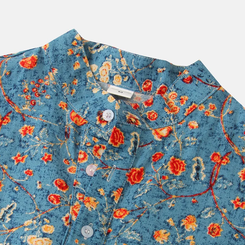 Men’s Short Sleeve Shirt - Relaxed Fit - Breathable Blend - Mandarin Collar - Floral Print