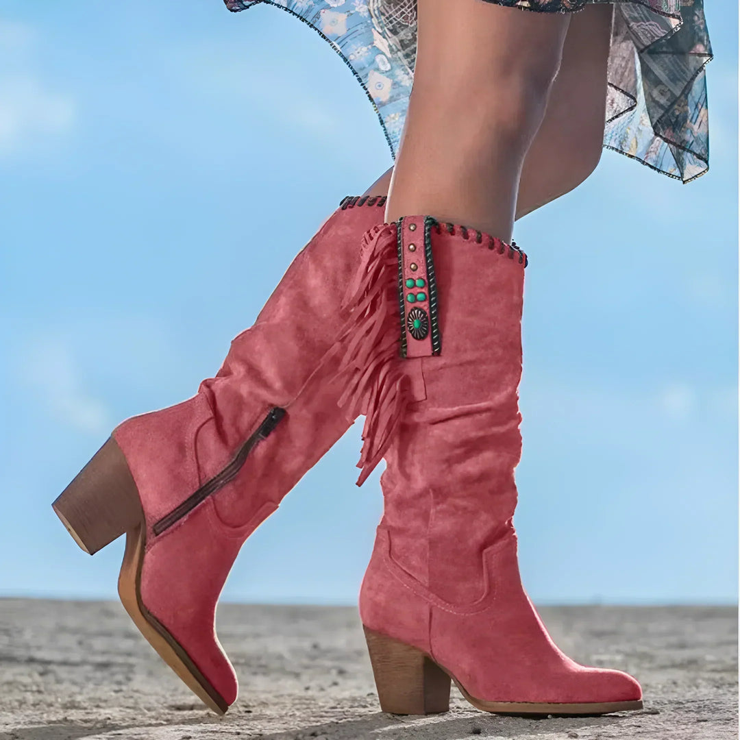 Women’s Mid-Calf Boots – Suede – Fringe Detail – Block Heel – Boho Western Style