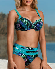 Women’s Bikini Set – Tailored Fit – Twist-Front Top – High-Waisted – Leaf Pattern