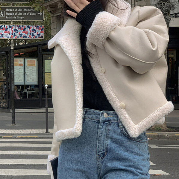 Women's Shearling Jacket - Cropped Fit - Wide Lapel - Buttoned Front - Plush Lining