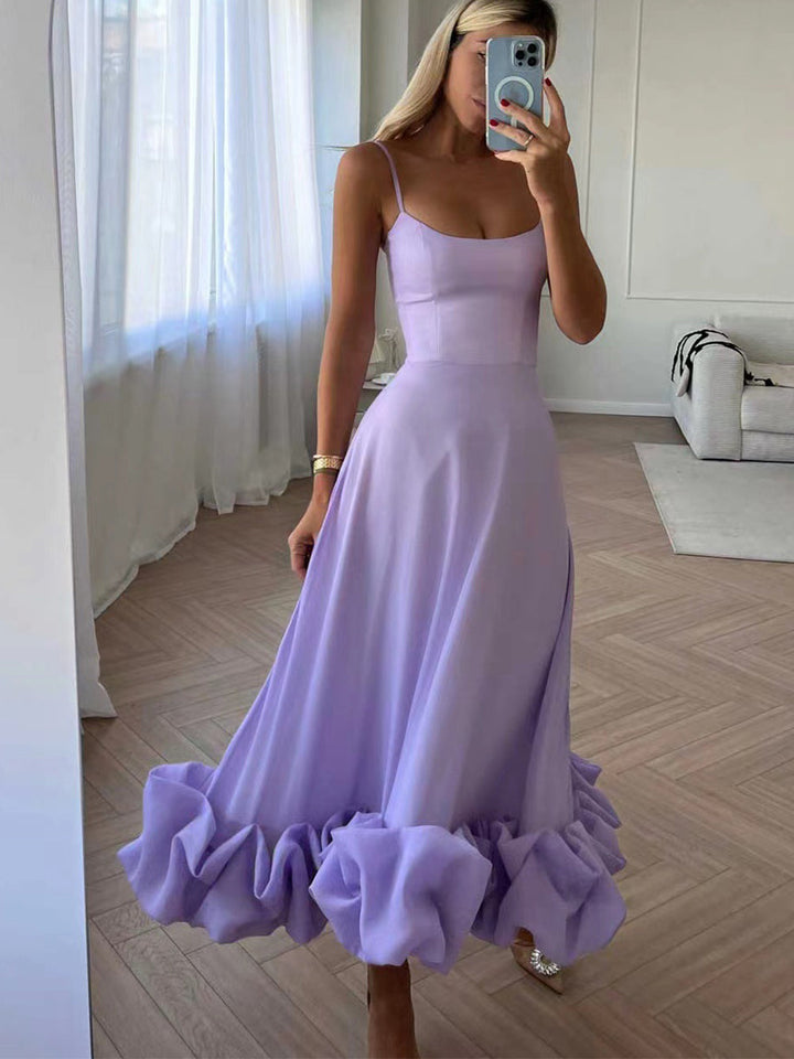Women's Evening Dress - Spaghetti Straps - A-Line Silhouette - Ruffled Hem Elegant Look