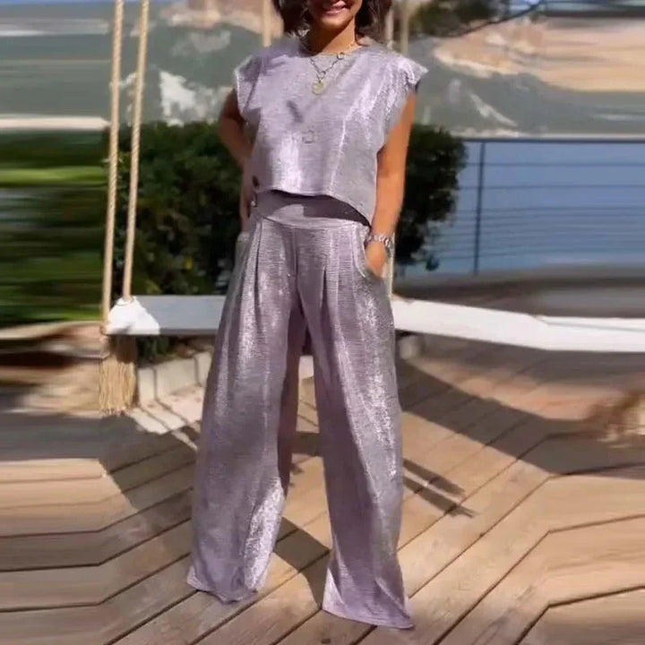 Women’s Two-Piece Set – Sleeveless Crop Top – Wide-Leg High-Waist Pants – Silk Look
