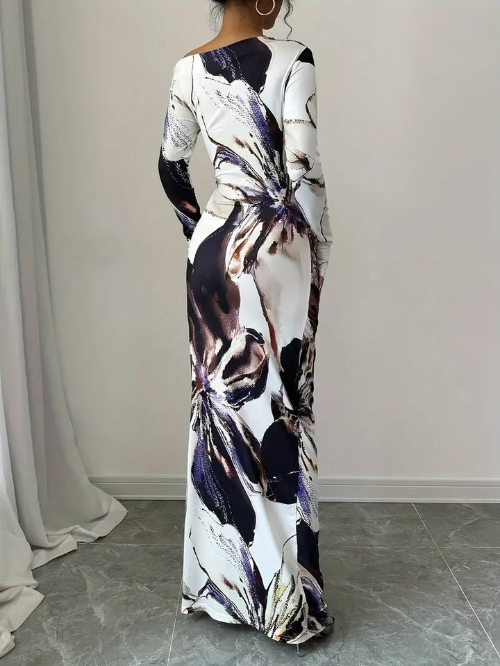 Women's Maxi Dress - Off-Shoulder - Long Sleeve - Abstract Pattern - Bodycon Fit