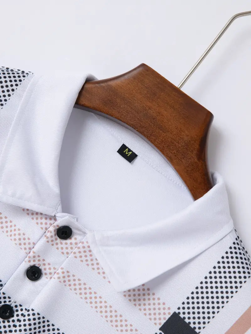 Men's Polo Shirt - Plaid Pattern - Slim Fit - Short Sleeve Button-Down Collar