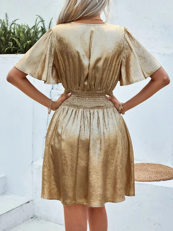 Women's Dress - Wrap V-Neck - Flutter Sleeves - Ruched Waist - A-Line Silhouette