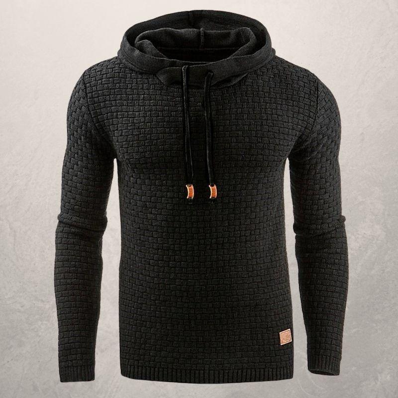 Men’s Knitted Sweater - Slim Fit - Textured Grid Pattern - Hooded with Drawstrings