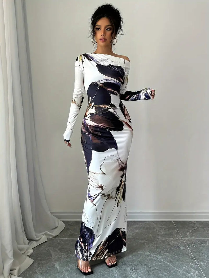 Women's Maxi Dress - Off-Shoulder - Long Sleeve - Abstract Pattern - Bodycon Fit