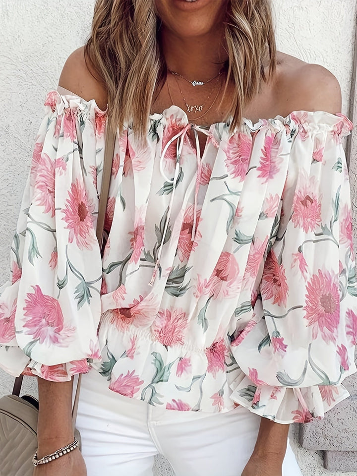 Women’s Off-Shoulder Blouse – Floral Print – Long Puff Sleeve – Tie Front – Casual Fit
