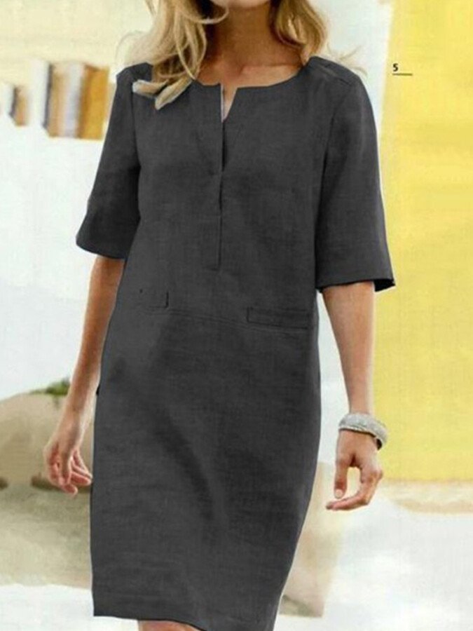 Women's Shift Dress - Linen Blend - Short Sleeve - Relaxed Fit - Knee Length - Pockets