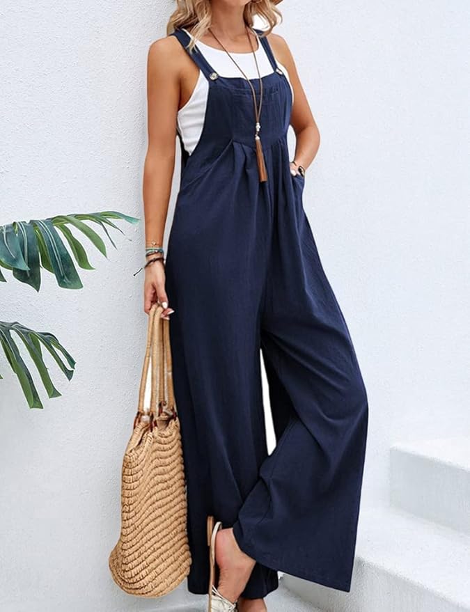 Women's Jumpsuit - Wide Leg - Sleeveless Adjustable Straps - Relaxed Fit Breathable Fabric