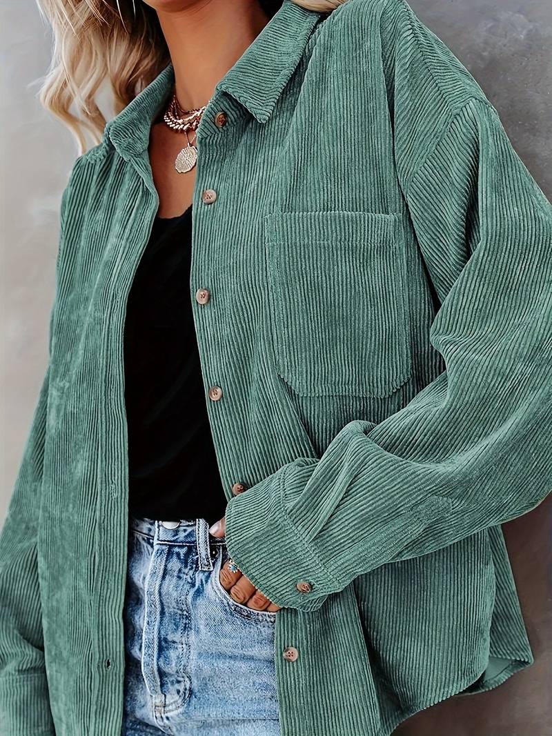 Women’s Corduroy Shirt - Oversized Fit - Long Sleeve Button-Up - Casual Ribbed Texture
