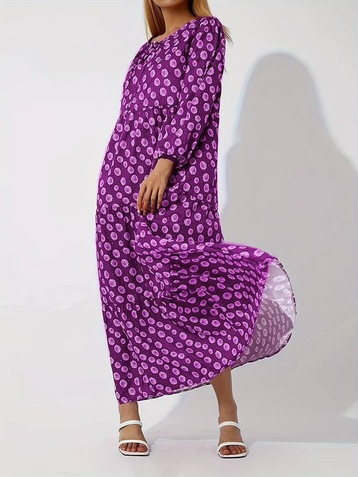 Women's Maxi Dress - Boho Diamond Pattern - V-Neck - Three-Quarter Sleeves - Flowy Fit