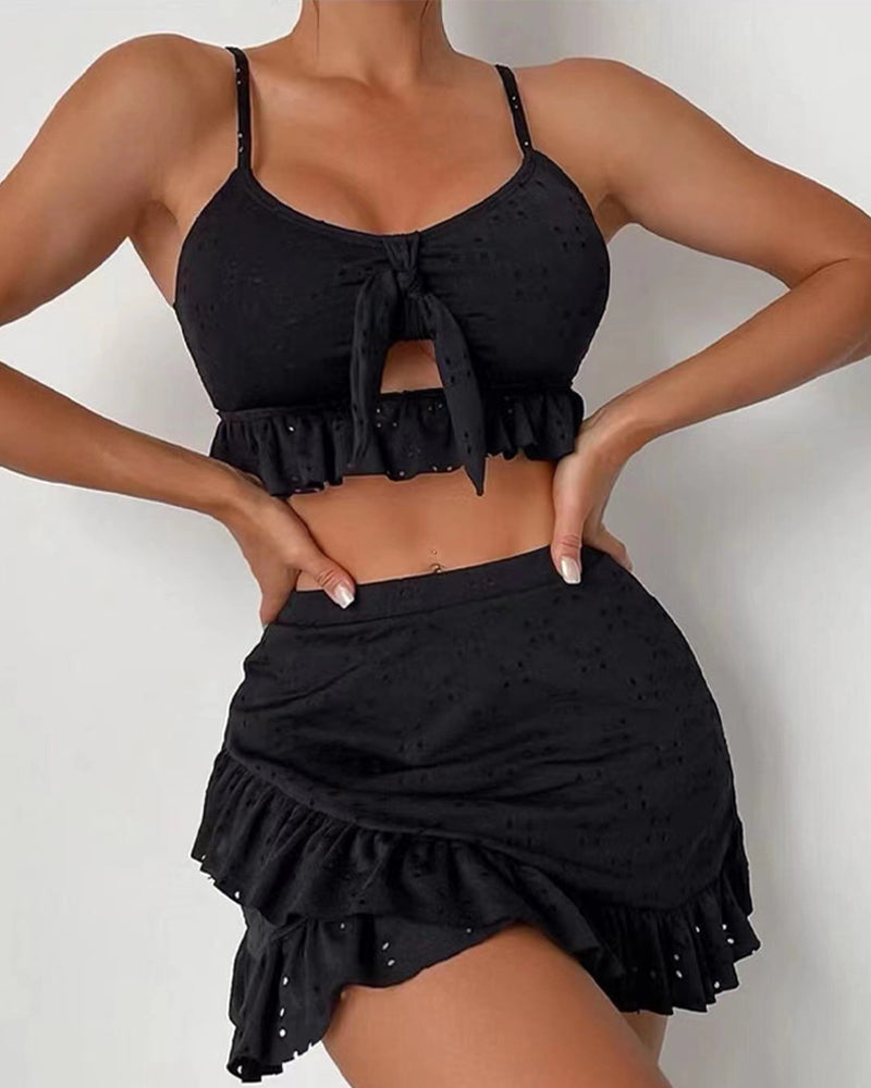 Women’s Bikini Set – Tie Front Top – Eyelet Embroidery – Ruffled Mini Skirt – Breathable Blend