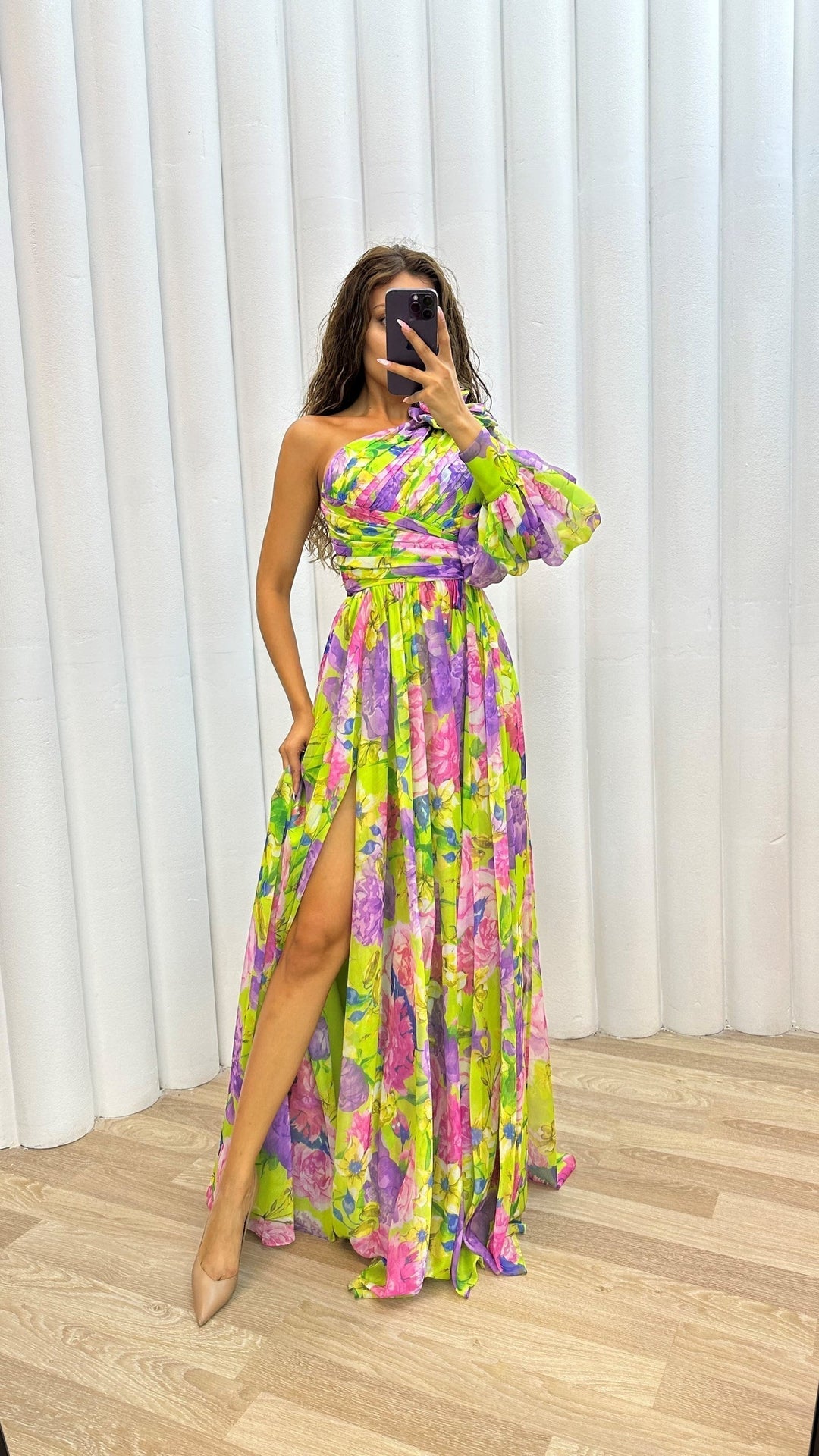 Women’s Maxi Dress – One Shoulder – High Slit – Floral Print – Flowy Elegant Fit