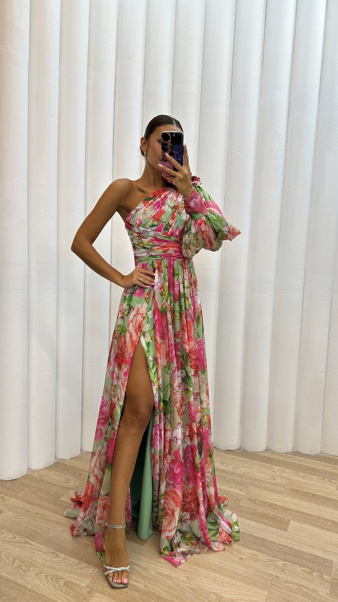 Women’s Maxi Dress – One Shoulder – High Slit – Floral Print – Flowy Elegant Fit
