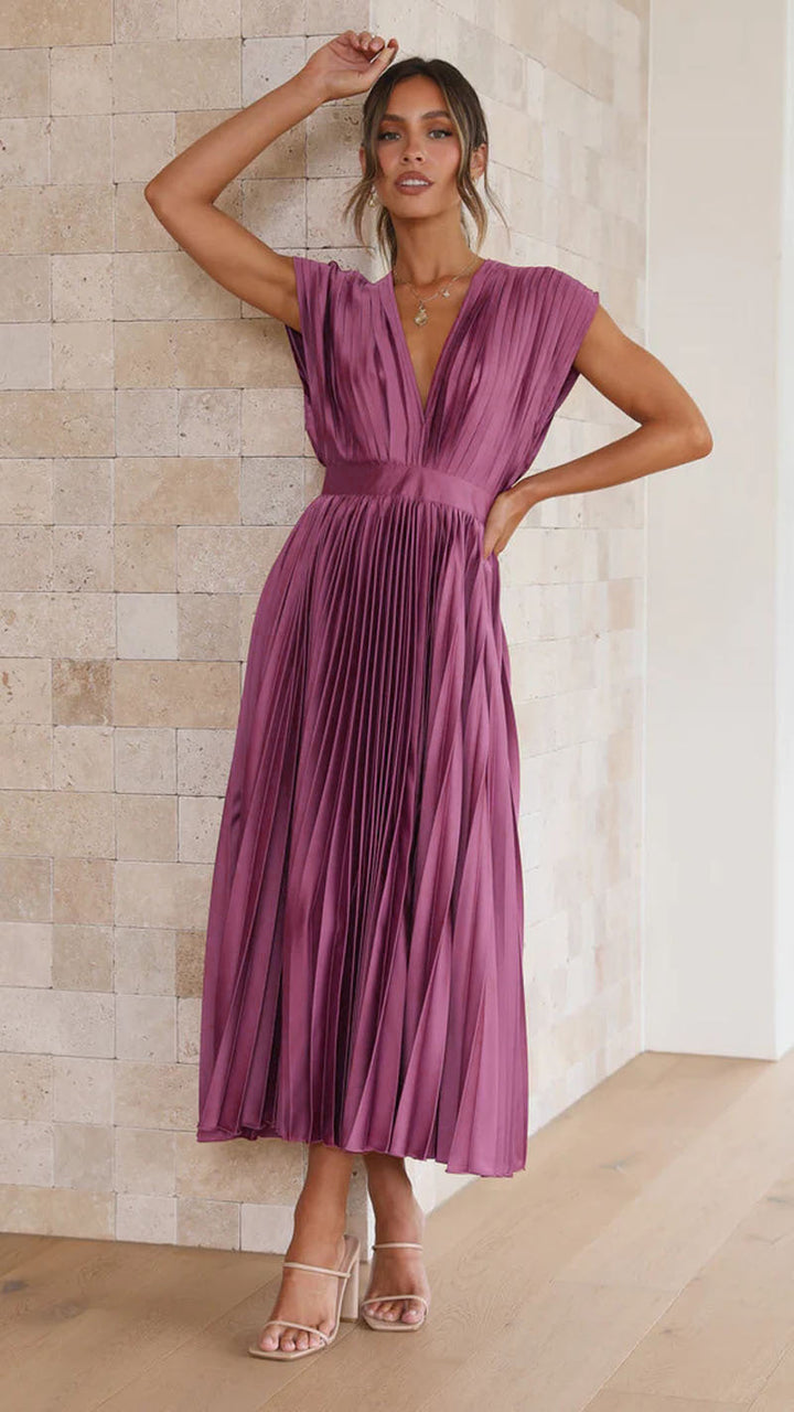 Women's Midi Dress - Deep V-Neck - Pleated Design - Cap Sleeves - Elegant Fit