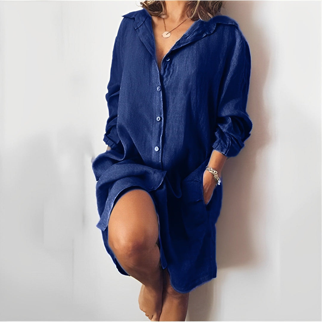 Women’s Blouse – Relaxed Fit – Natural Fibers – Long Sleeve – Button Front – Mid-Thigh