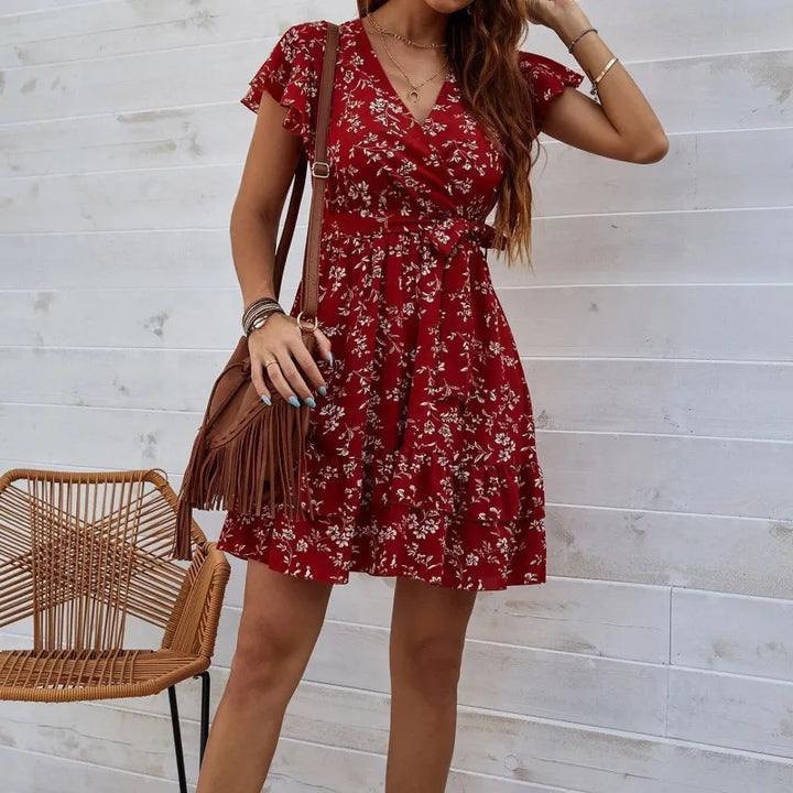 Women's Wrap Dress - Floral Print - Knee-Length - Short Flutter Sleeves - Adjustable Waist