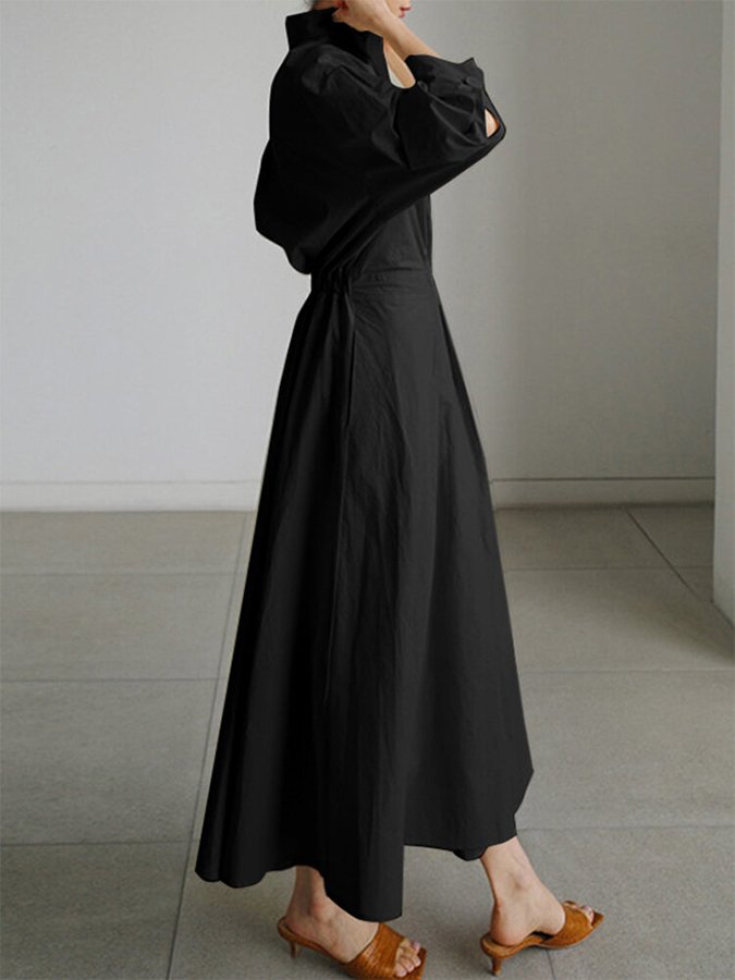 Women's Shirt Dress - Cotton Blend - Long Sleeve - Button Front - Cinched Waist Elegant Fit