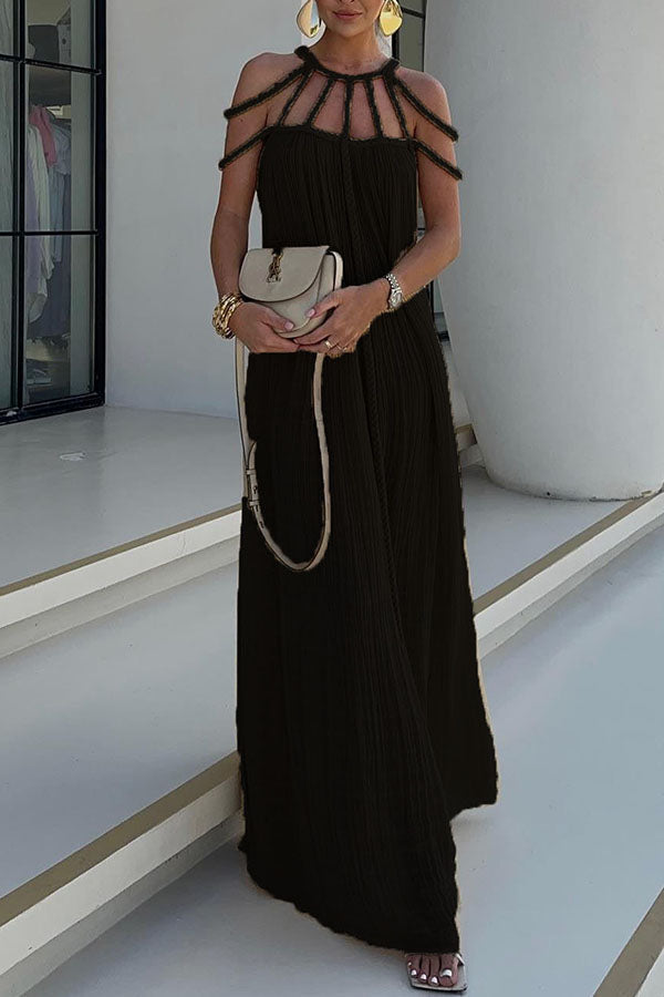 Women’s Full-Length Dress – Relaxed Fit – Braided Halter Neck – Pleated Natural Fibers